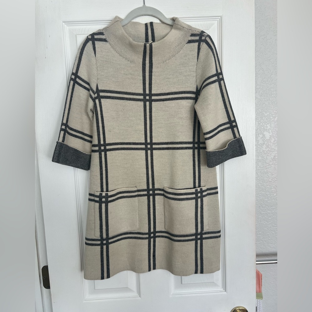 Anthropologie Moth Cream and Black Plaid Cowl Neck Sweater Dress